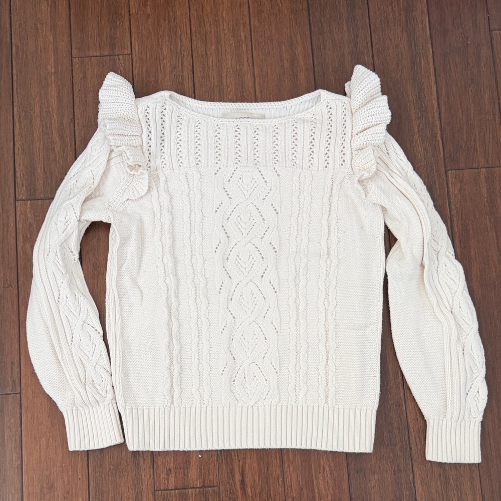 LOFT Cream Ruffle Shoulder Sweater